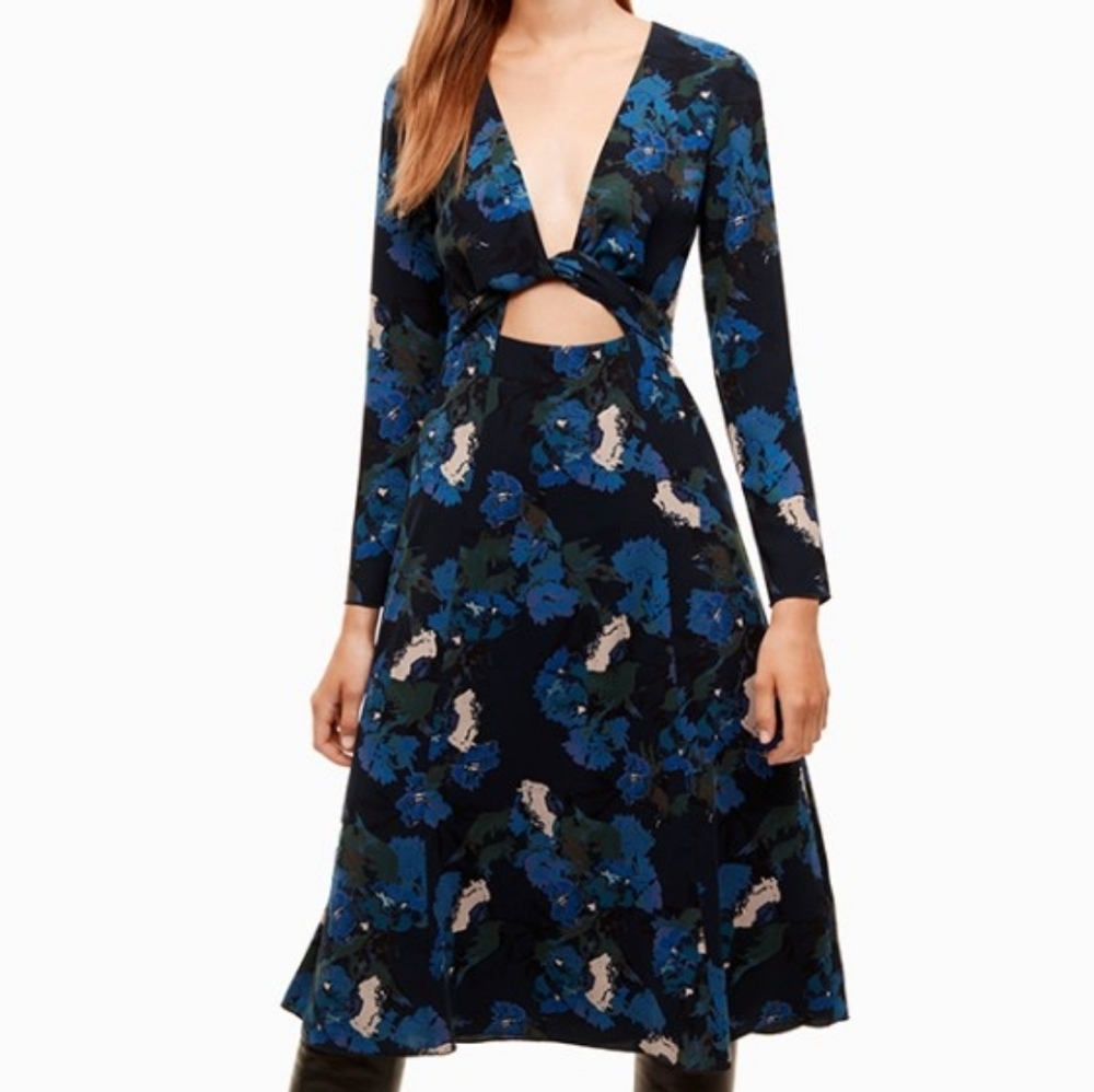 Aritzia Wilfred Aubagne Floral Blue Green Cut Out Midi Long Sleeve Dress Size 0.